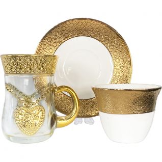 Factory Golden Coffee Table Set of 12 Luxury Embossed Golden Design of Coffee and Tea Set Wholesale Glass Black Tea Cup With New Bone China Coffee Cup 013