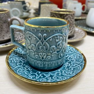 New Arrival Luxury Embossed Cup and Saucer Set with Golden Detailing Factory Wholesales Vintage Coffee Set Customized Middle Eastern Style Espresso Cup Set for Gift 047